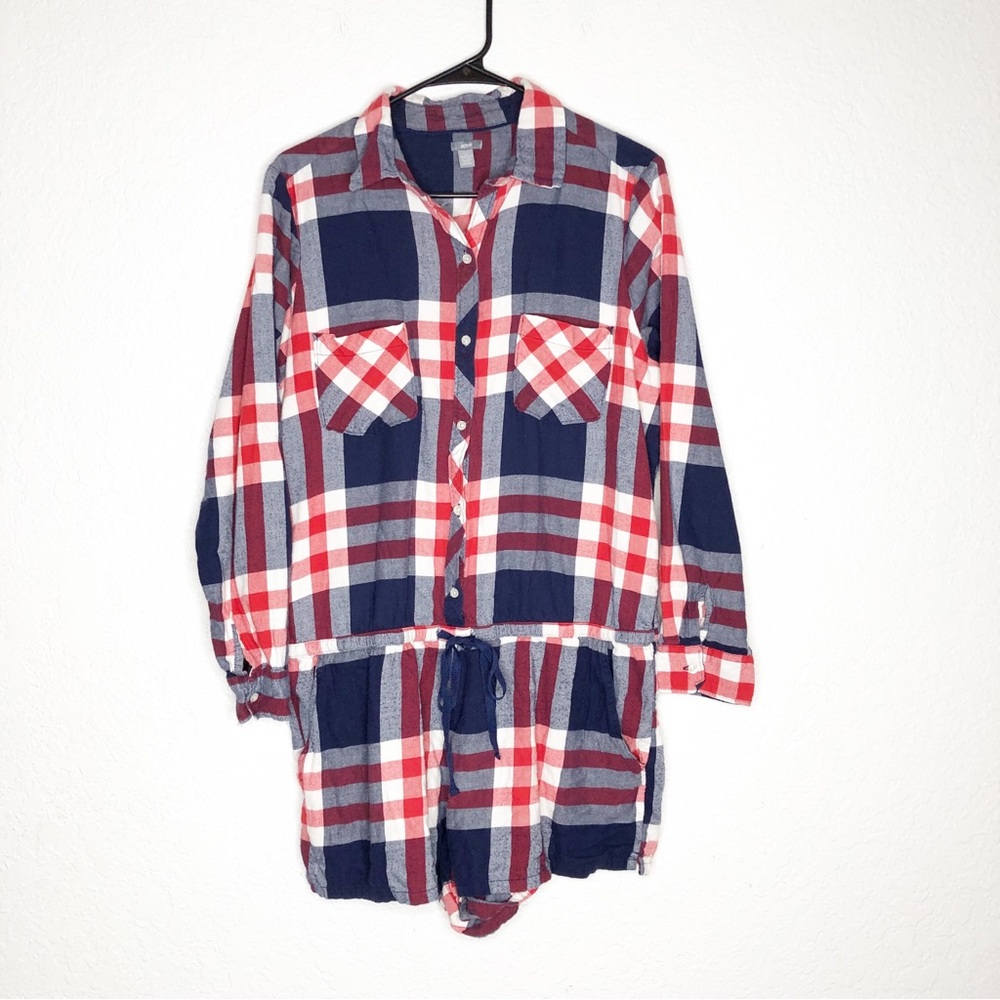 Aerie navy blue red white plaid flannel button front romper size Extra Large XL